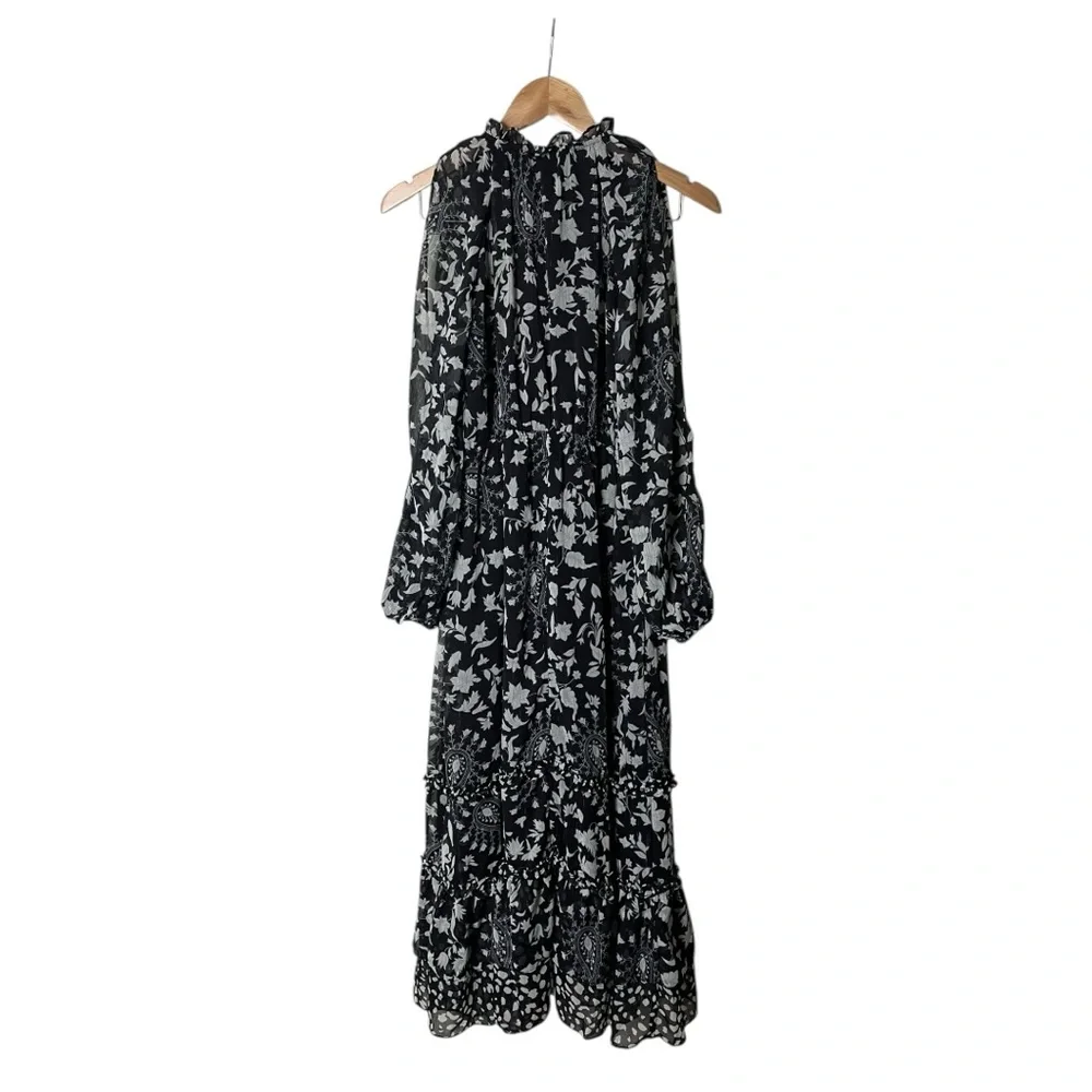 NWT Motf Studio Shein Cold Shoulder Floral Lantern Sleeve Ruffle Hem Dress XS
